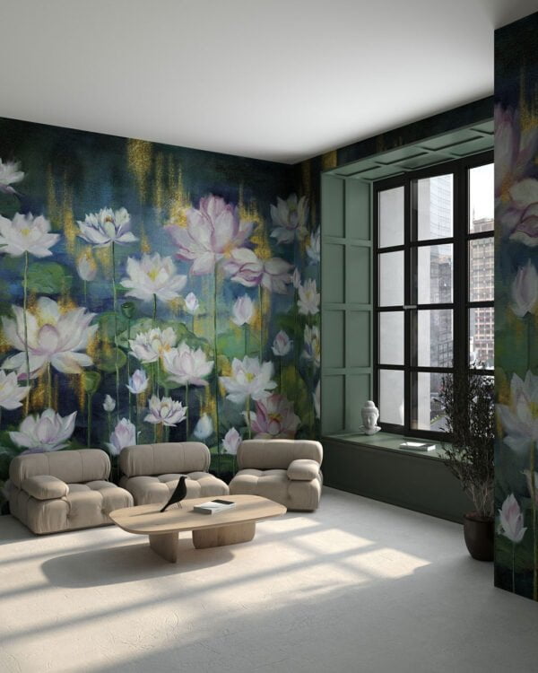 Water lilies with gold wall mural in the style of impressionism for the living room