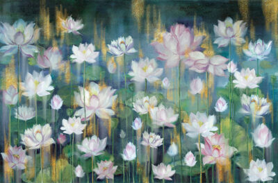 Water lilies with gold wall mural in the style of impressionism