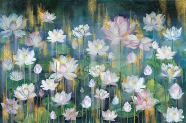 Nature wall mural with water lilies with gold in the style of impressionism