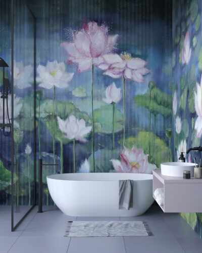 Water lilies wall mural in the style of impressionism for the bathroom
