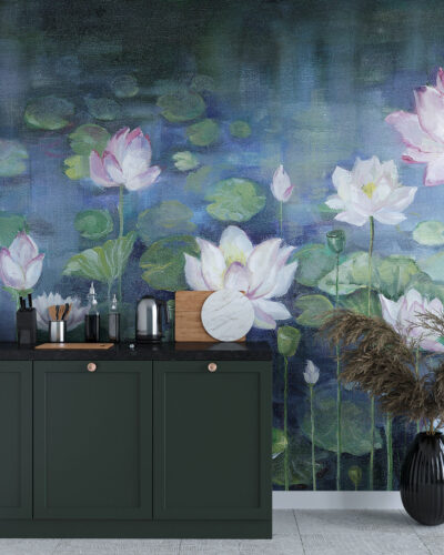 Water lilies painted with oil on canvas wall mural for the kitchen