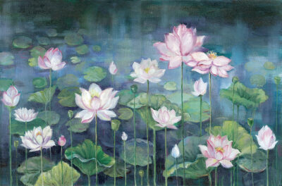 Water lilies painted with oil on canvas wall mural