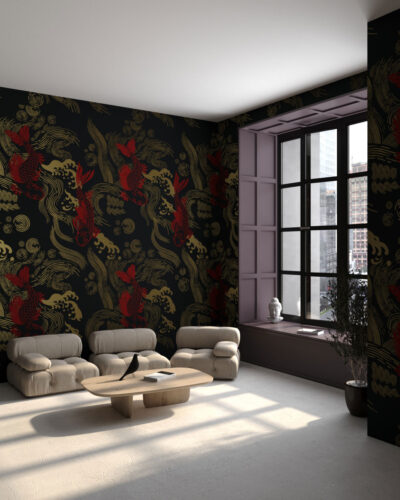 Asian-style golden carp Koi patterned wallpaper for the living room