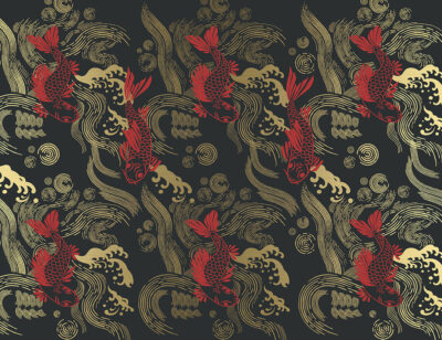Asian-style golden and red carp Koi patterned wallpaper