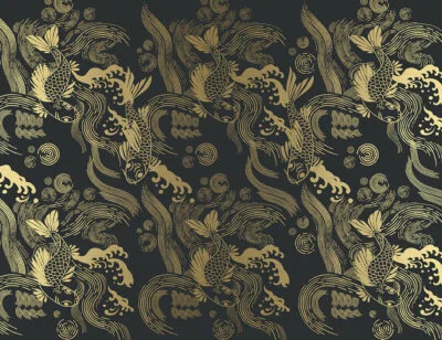 Asian-style golden carp Koi patterned wallpaper
