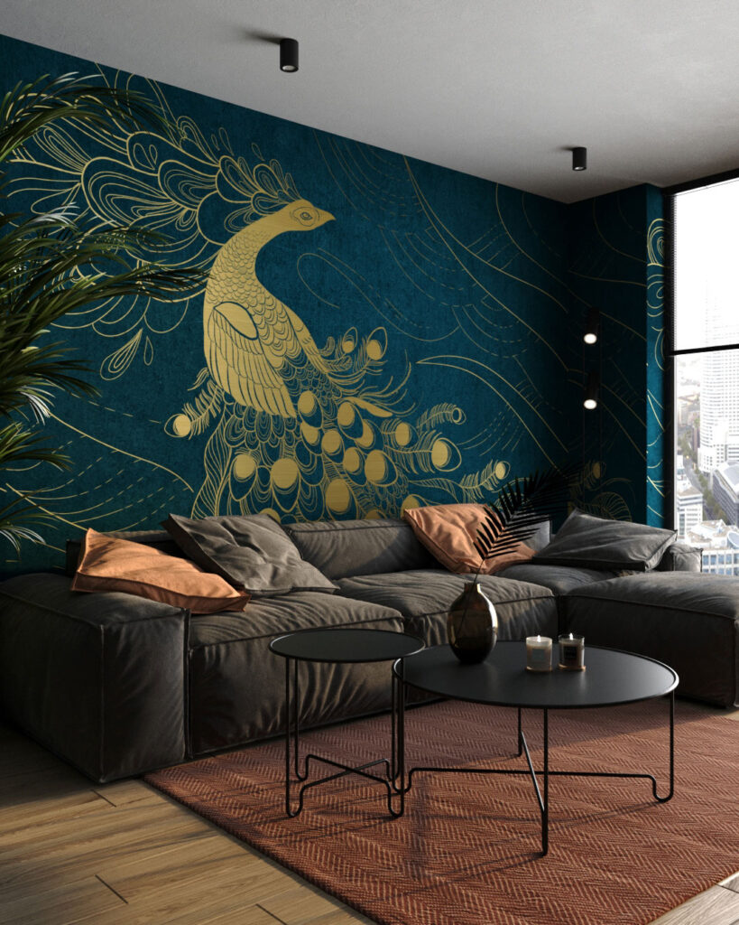 Golden peacock bird wall mural for the living room