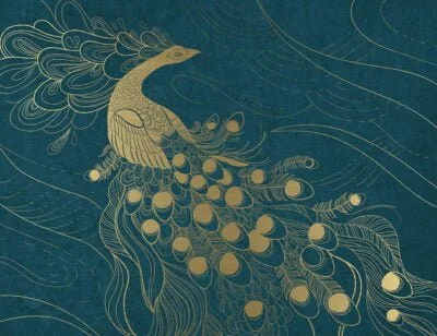 Designer wall mural with golden peacock bird on the blue background