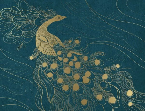 Designer wall mural with golden peacock bird on the blue background