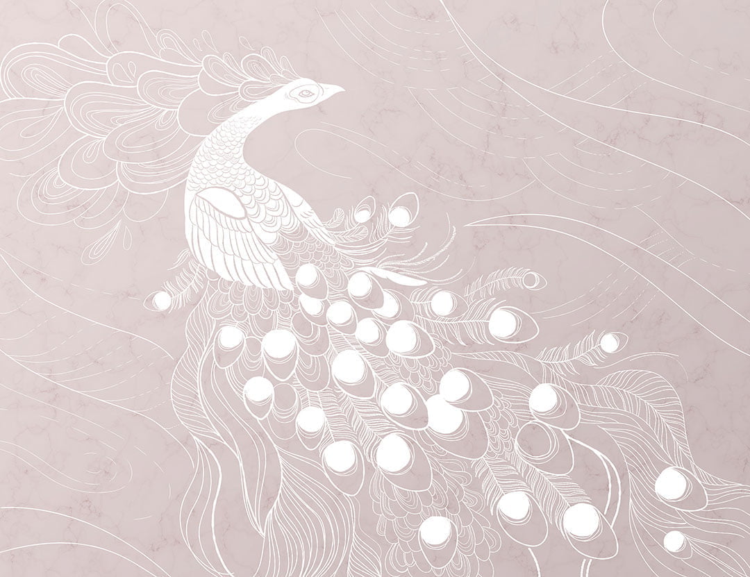 Designer wall mural with white peacock bird on the pink background