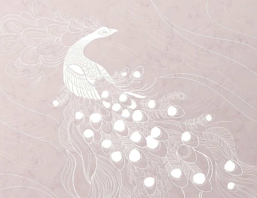 Designer wall mural with white peacock bird on the pink background
