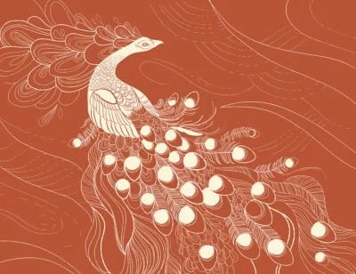 Designer wall mural with white peacock bird on the red background
