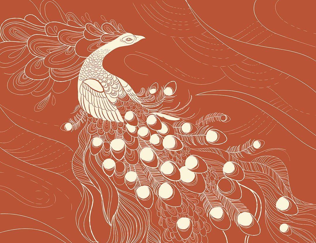 Designer wall mural with white peacock bird on the red background