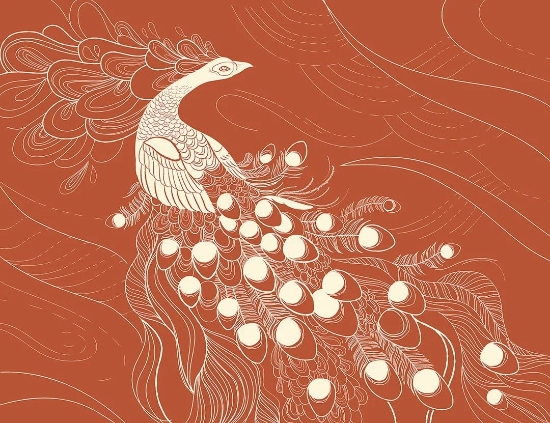Designer wall mural with white peacock bird on the red background