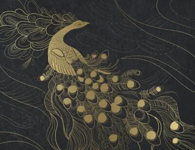 Designer wall mural with golden peacock bird on the dark background
