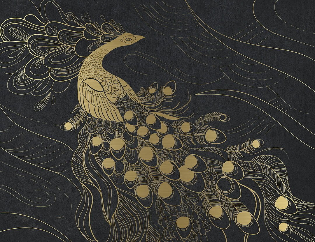 Designer wall mural with golden peacock bird on the dark background