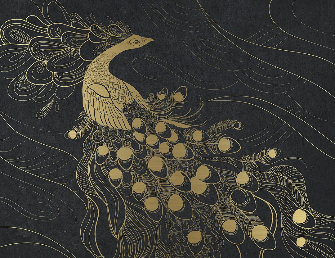 Designer wall mural with golden peacock bird on the dark background