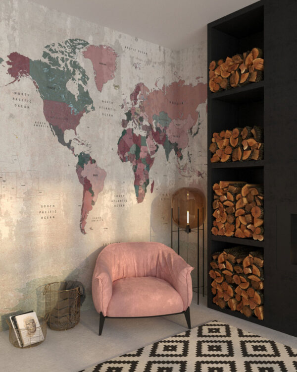 World map wall mural with vintage background for the living room