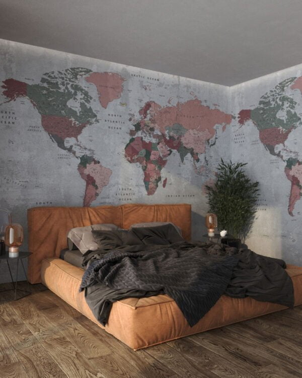 World map with pink and green continents wall mural for the bedroom