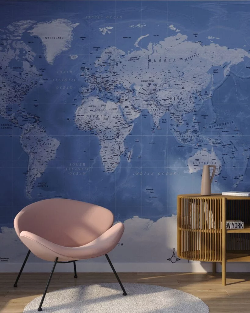 Wall Mural Dashing Blue for the living room - kith2kin.com Map of the world wall mural in blue color for the living room