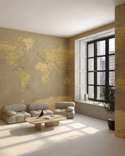 Wall mural for the living room with vintage map of the world in yellow color