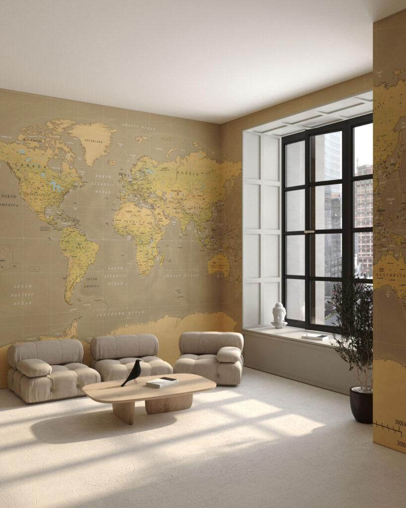 Vintage map of the world wall mural in yellow color for the living room