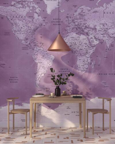 World map wall mural in pink color for the kitchen