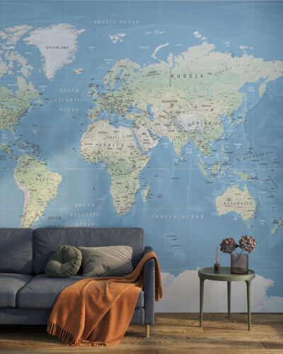 Physical map of the world wall mural for the living room