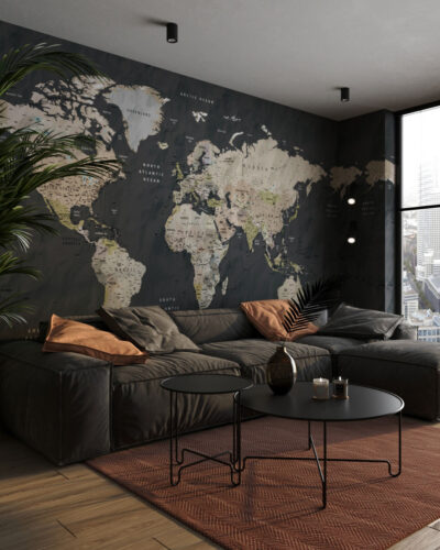 World map wall mural with crumpled paper effect for the living room