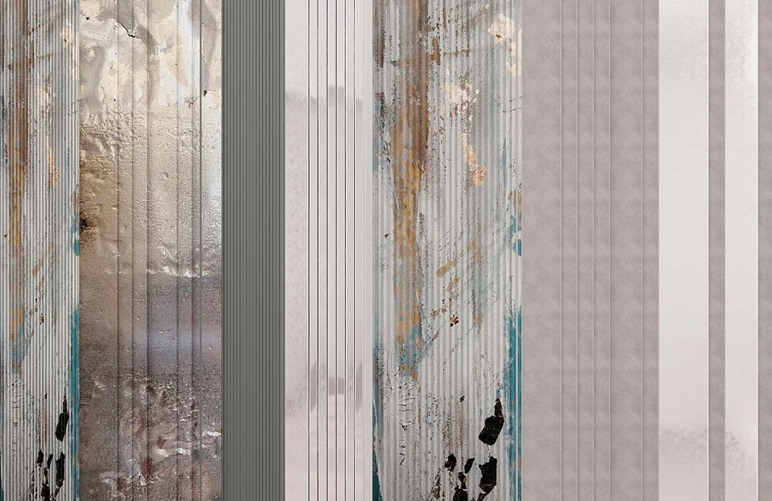 Modern wall mural with various cold metal textures