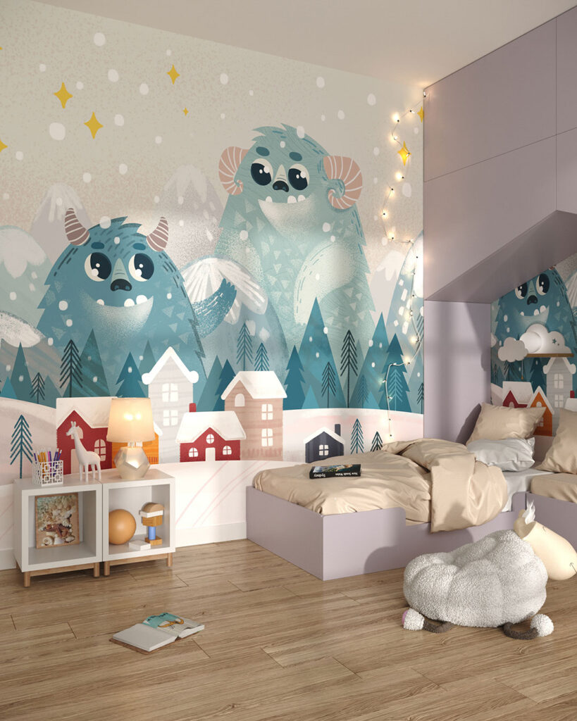 Cute winter monsters in the snow wall mural for a children's room