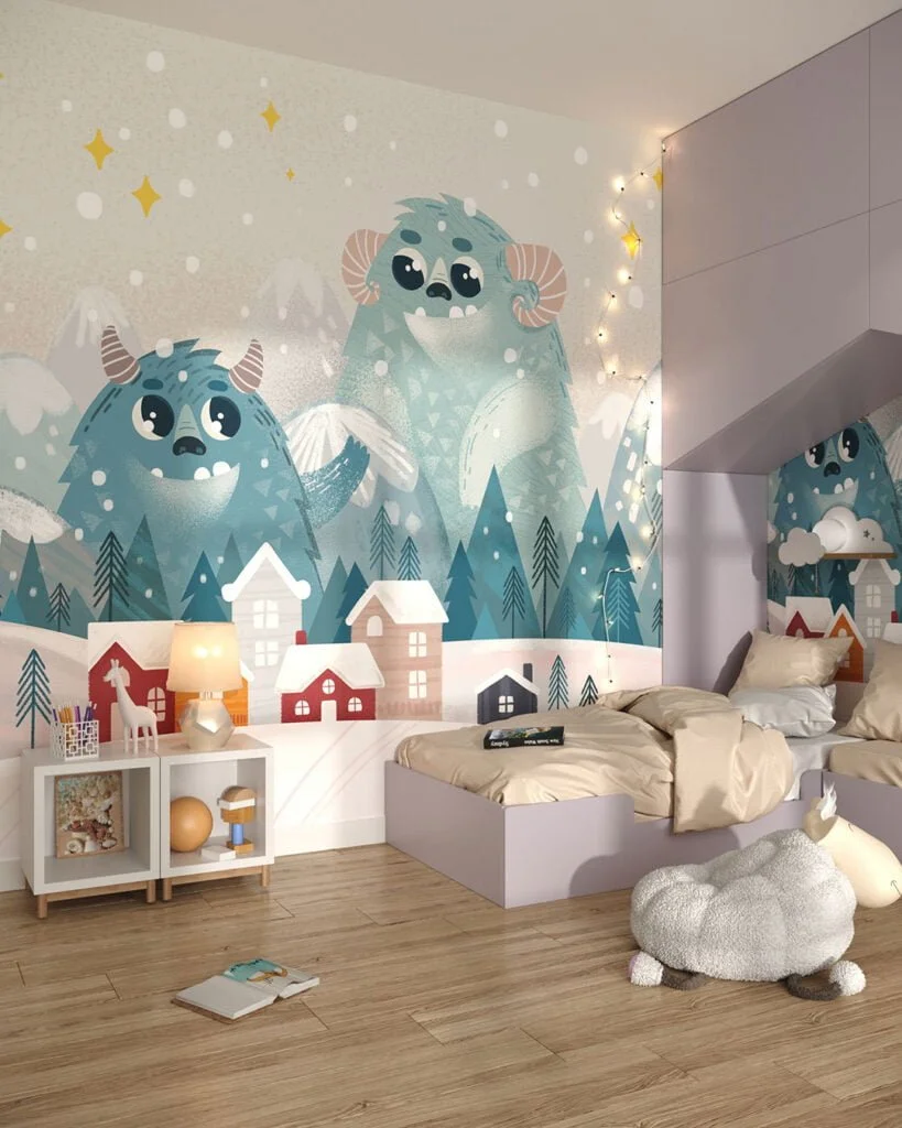 Wall Mural Flurries for a children's room - kith2kin.com Cute winter monsters in the snow wall mural for a children's room