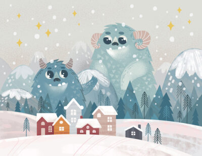 Cute blue winter monsters in the snow wall mural