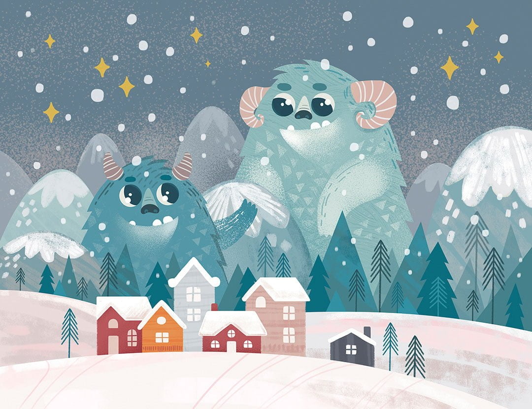 Kids wall mural with cute blue winter monsters in the snowy night