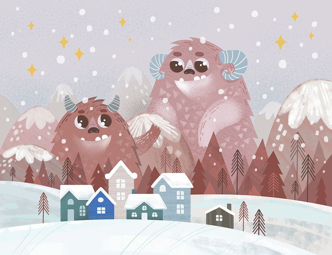 Cute brown winter monsters in the snow wall mural