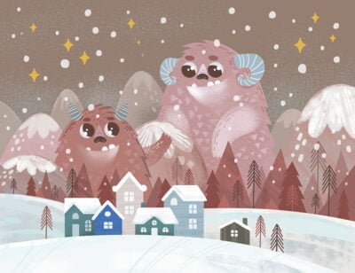 Kids wall mural with cute brown winter monsters in the snowy night