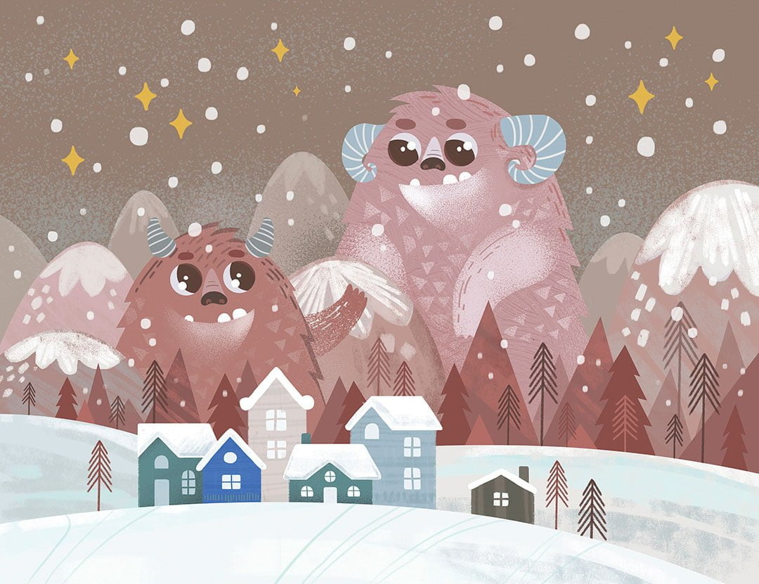 Kids wall mural with cute brown winter monsters in the snowy night