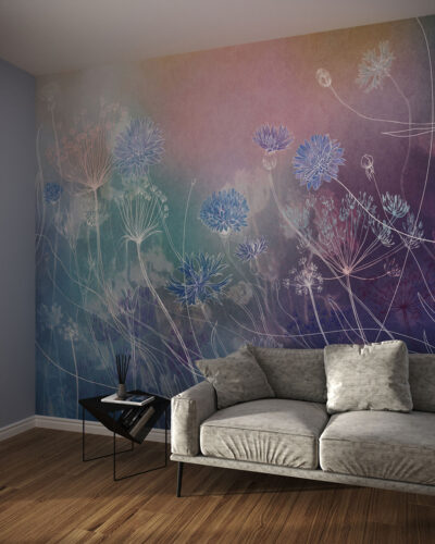 Watercolor wildflowers wall mural for the living room