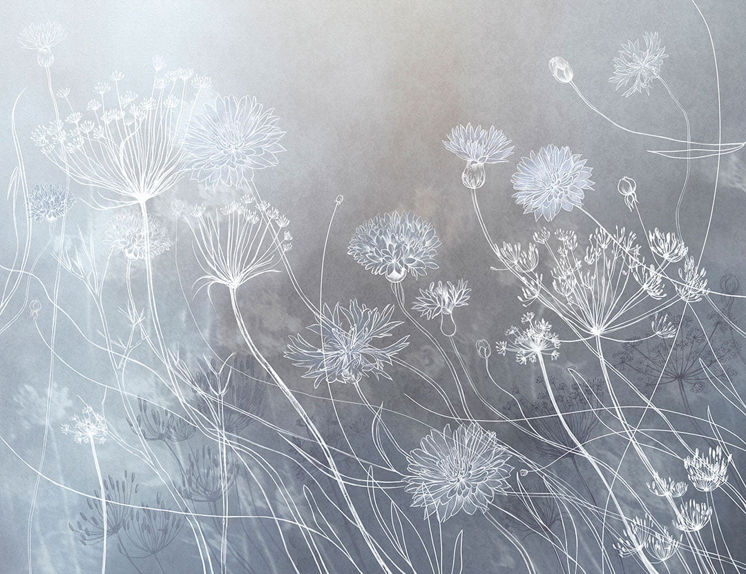 Watercolor wildflowers wall mural on the gray-blue background