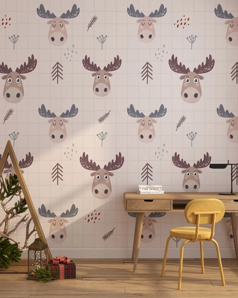 Wall Mural Dasher for a children's room - kith2kin.com Cartoon moose patterned wallpaper for a children's room