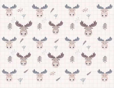 Cartoon moose patterned kids wallpaper on the checkered light background