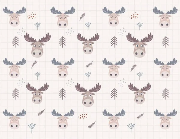 Cartoon moose patterned kids wallpaper on the checkered light background