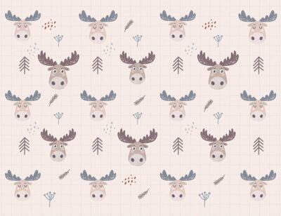 Cartoon moose patterned kids wallpaper on the checkered beige background