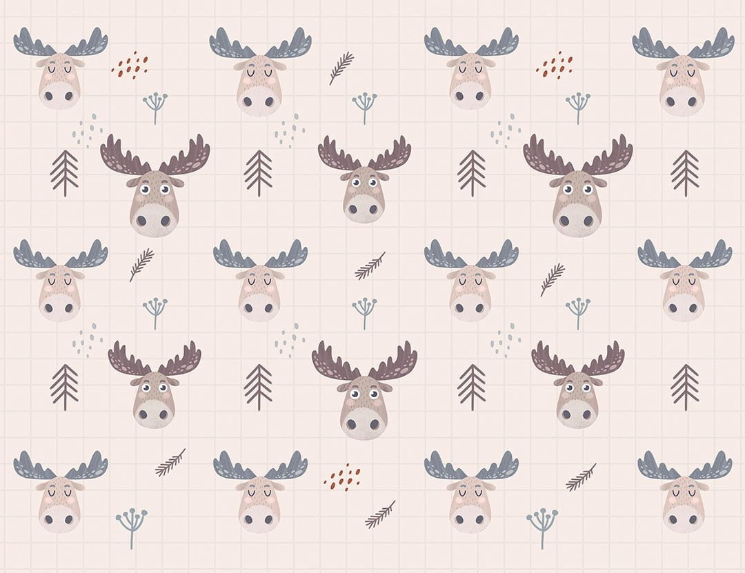 Cartoon moose patterned kids wallpaper on the checkered beige background