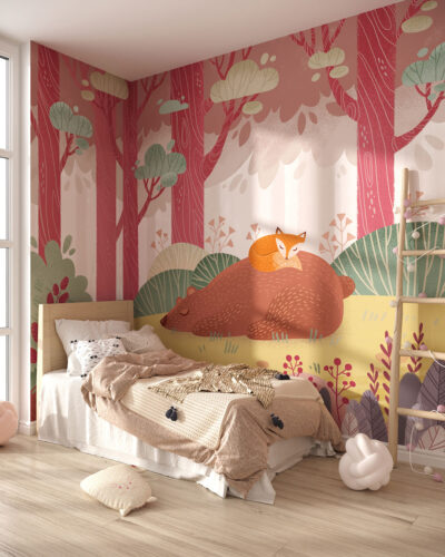 Cute bear and a fox in a fairy hand-drawn forest wall mural for a children's room