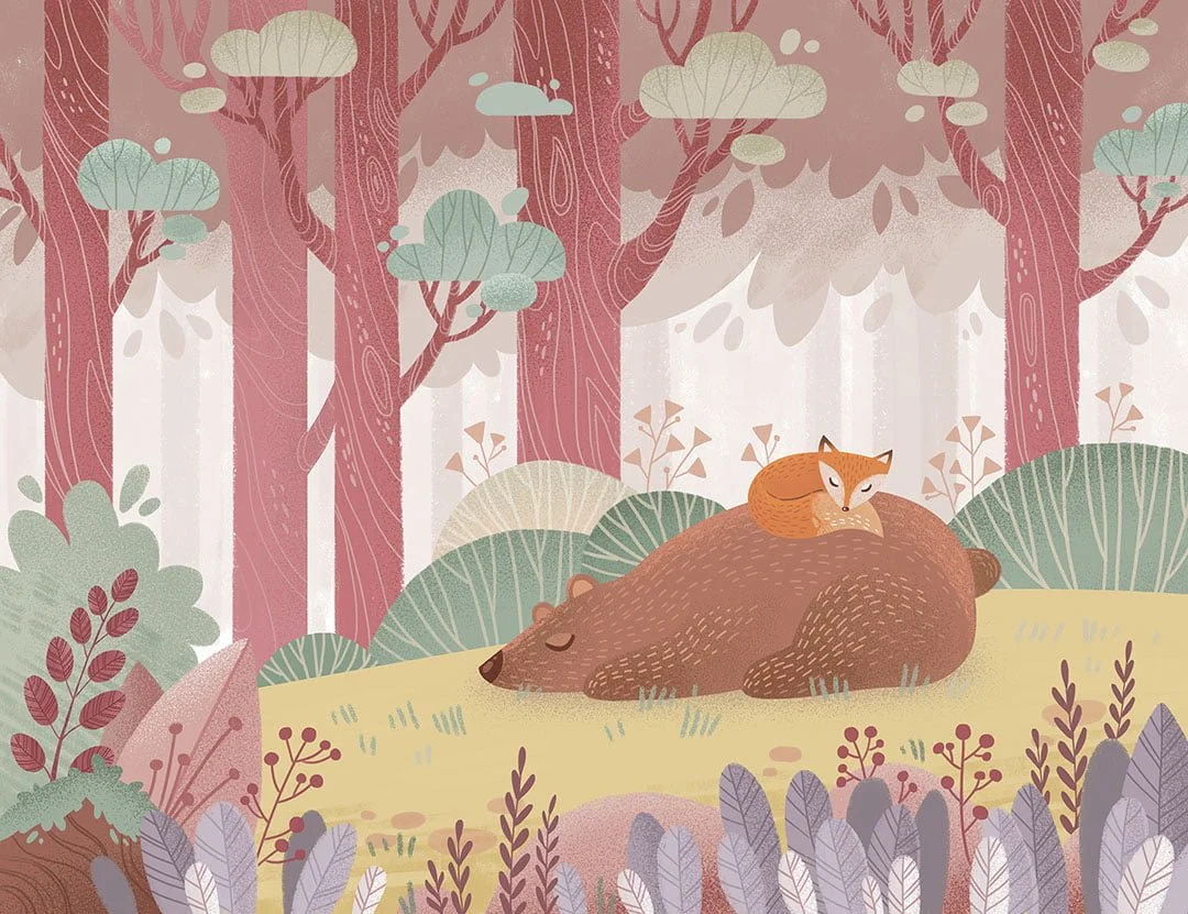 Cute bear and a fox in a fairy hand-drawn forest kids wall mural