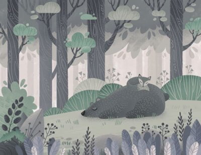 Cute bear and a fox in a dark fairy hand-drawn forest wall mural