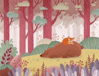 Kids wall mural with cute bear and a fox in a bright fairy hand-drawn forest