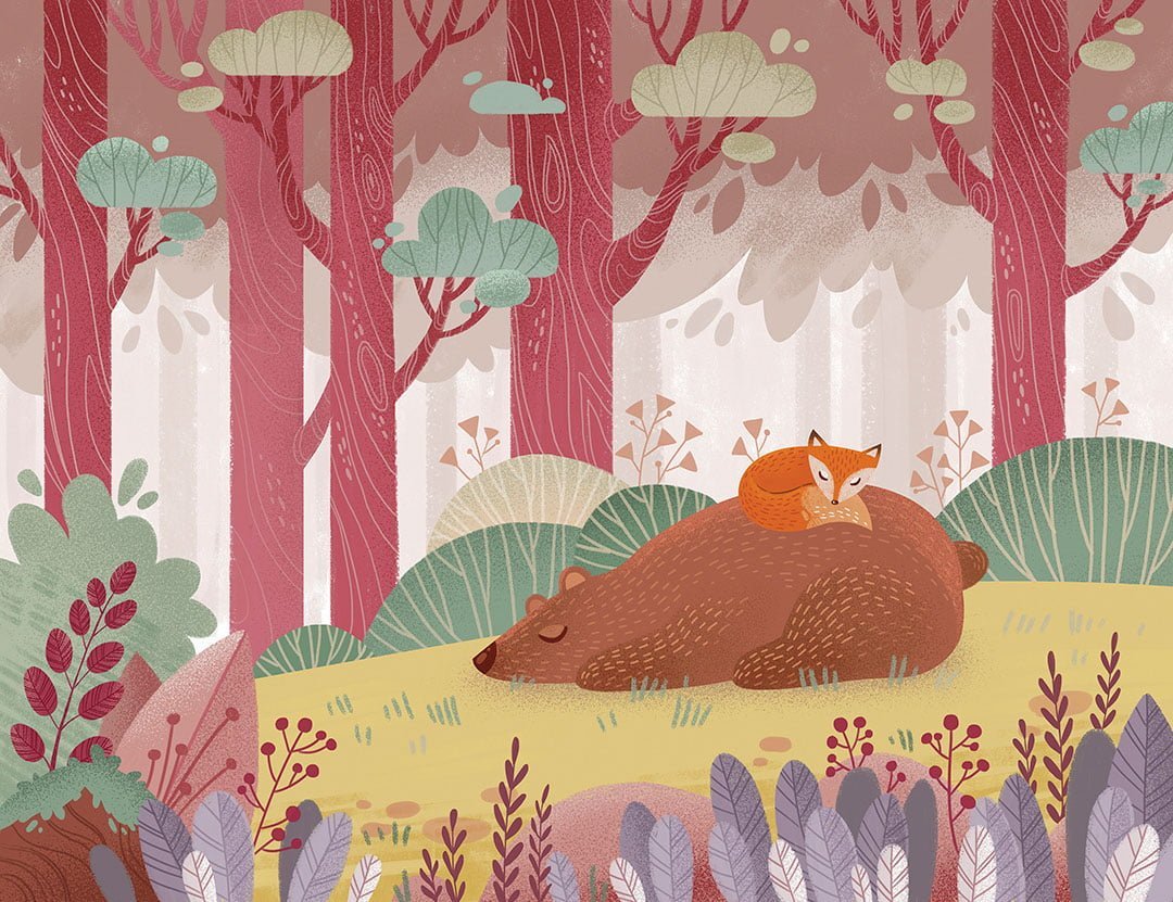 Kids wall mural with cute bear and a fox in a bright fairy hand-drawn forest