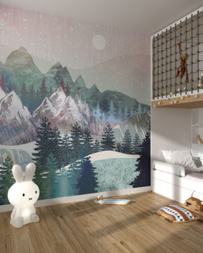 Winter forest and mountains with metal textures wall mural for a children's room