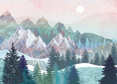 Winter forest and mountains with metal textures wall mural